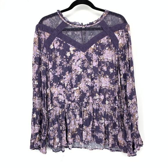 Maurices Lace Inset Blouse Womens Size XXL Long Sleeve Purple Floral Print - Picture 1 of 6
